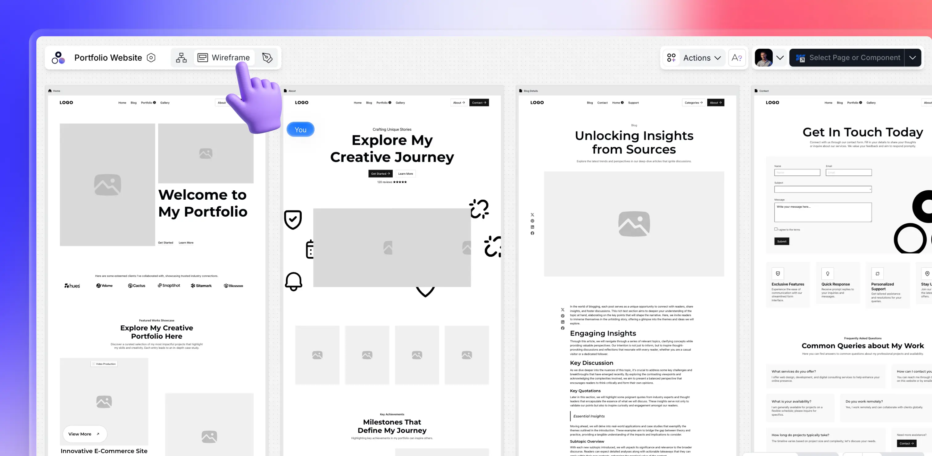 AI Wireframes for a Portfolio website from Modulify
