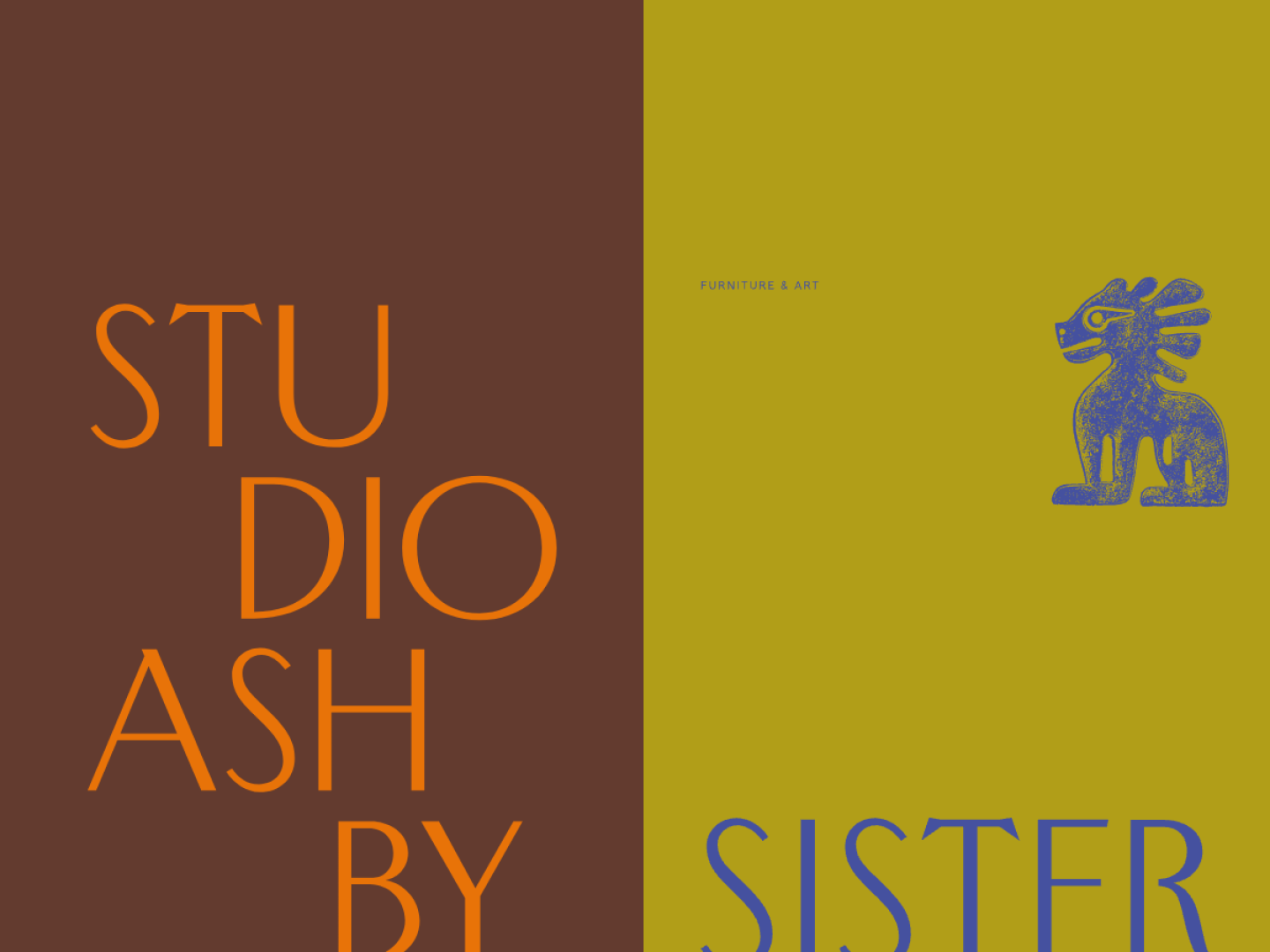 Studio Ashby homepage, with the studio name set in tall orange letters beside a panel for its furniture line, Sister